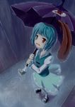  bad_id bad_pixiv_id blue_eyes blue_hair crying crying_with_eyes_open geta heterochromia karakasa_obake purple_umbrella rain red_eyes short_hair solo tatara_kogasa tears tongue touhou umbrella wuliao555 