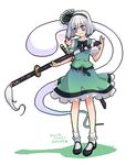  bad_id bad_pixiv_id black_hairband blue_eyes bobby_socks dress full_body ghost hair_ribbon hairband hitodama katana konpaku_youmu konpaku_youmu_(ghost) mary_janes namisaki_yuka no_nose ribbon sheath sheathed shoes short_hair silver_hair simple_background smile socks solo standing sword touhou translation_request weapon white_background 