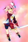  7th_dragon 7th_dragon_(series) animal_ears bike_shorts fighter_(7th_dragon) gloves harukara_(7th_dragon) kanikama pink_hair solo sword weapon yellow_eyes 