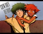  1girl androgynous blush_stickers cowboy_bebop dark_skin dog edward_wong_hau_pepelu_tivrusky_iv ein_(cowboy_bebop) green_hair hug jutu necktie open_mouth red_hair reverse_trap short_hair spike_spiegel tomboy welsh_corgi 