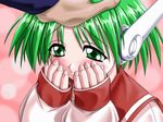  blush green_eyes green_hair minazuki_tooru multi out_of_frame petting robot_ears solo_focus to_heart 