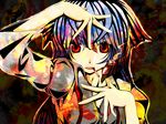  arm_garter bad_id bad_pixiv_id bangs blue_hair bow cigarette colorful dress_shirt fujiwara_no_mokou hair_between_eyes hair_bow hands high_contrast lipstick long_hair makeup open_mouth pose red_eyes red_lipstick shirt smoke smoking solo suspenders teeth tokoroten_(hmmuk) touhou 