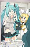  aqua_eyes aqua_hair bathroom blonde_hair blue_eyes brushing_teeth detached_sleeves groin hair_ornament hairclip hatsune_miku ixy kagamine_rin long_hair messy_hair midriff mirror multiple_girls no_panties open_clothes open_shirt reflection ribbon shirt short_hair skirt sleepy thighhighs toothbrush twintails very_long_hair vocaloid zettai_ryouiki 