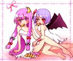  barefoot crescent crescent_hair_ornament feet food hair_ornament hair_ribbon koro_(artist) multiple_girls patchouli_knowledge pink_eyes pink_hair purple_hair red_eyes remilia_scarlet ribbon touhou wings 