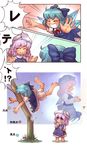  barefoot blue_eyes blue_hair cirno hair_ribbon hat letty_whiterock lever multiple_girls purple_hair ribbon sankuma science touhou translated younger 