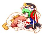  animal_ears aoi_mitsuru barefoot blue_eyes cat_ears cat_tail chibi green_hair hat kemonomimi_mode multiple_girls onozuka_komachi red_hair shiki_eiki short_hair tail touhou two_side_up 