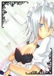  bad_id bad_pixiv_id blue_eyes bra braid breasts cleavage izayoi_sakuya lingerie lying medium_breasts one_eye_closed open_clothes open_shirt ribbon shirt short_hair silver_hair solo touhou twin_braids underwear unk wrist_cuffs 