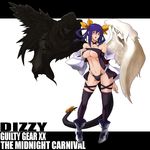  asymmetrical_wings blue_hair bow breasts choker dizzy guilty_gear highres kon_(kdash) large_breasts long_hair necro_(guilty_gear) red_eyes ribbon tail tail_ribbon thighhighs underboob undine_(guilty_gear) wings 