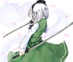 demupausagi dual_wielding hitodama holding konpaku_youmu konpaku_youmu_(ghost) ribbon silver_hair skirt solo sword touhou weapon 