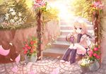  arm_support blonde_hair blue_eyes cherry_blossoms chin_rest detached_sleeves flower food fruit grapes hair_ornament hair_ribbon hairclip kagamine_rin leg_warmers outdoors petals plant potted_plant ribbon shiramori_yuse shoes short_hair sitting sitting_on_stairs sleeveless solo stairs stone_stairs sunlight vines vocaloid 