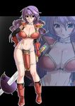  695_(mukuko) :3 armor bad_id bad_pixiv_id bikini_armor breasts choker cleavage death dragon_quest dragon_quest_iii eggplant elbow_gloves gloves green_eyes highleg huge_breasts long_hair navel pelvic_curtain purple_hair soldier_(dq3) solo sword weapon zoom_layer 