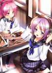  bad_id bad_pixiv_id bangs blush desk digital_media_player earbuds earphones food hair_ornament hairclip headphones highres indoors koi_(koisan) long_hair long_sleeves magazine multiple_girls original pantyhose pink_eyes pink_hair plaid plaid_skirt pocky purple_eyes purple_hair school_uniform serafuku short_hair skirt smile 