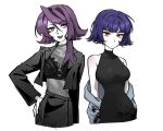  2girls aida_(aidacamelia0516) armpit_crease bare_shoulders black_bra black_dress black_jacket black_shirt black_skirt blue_hair bra dress highres humanization jacket multiple_girls murder_drones nori_(murder_drones) purple_eyes purple_hair red_eyes see-through see-through_shirt shirt short_hair simple_background skin_tight skirt sleeveless sleeveless_dress underwear upper_body white_background yeva_(murder_drones) 