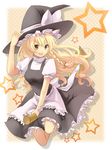  :d apron bad_id bad_pixiv_id black_dress blonde_hair bow braid broom broom_riding dress frilled_dress frills hair_bow hair_ribbon halftone halftone_background hand_on_headwear hat kirisame_marisa long_hair open_mouth puffy_sleeves ribbon shiramori_yuse short_sleeves single_braid smile solo star touhou waist_apron witch_hat yellow_eyes 