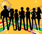  4girls amagi_yukiko anni_shiro bad_id bad_pixiv_id glasses hanamura_yousuke ipod_ad kujikawa_rise multiple_boys multiple_girls narukami_yuu parody persona persona_4 satonaka_chie shirogane_naoto silhouette tatsumi_kanji wallpaper 