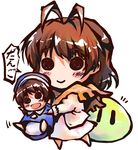  antenna_hair aruru_no_zaki brown_hair chibi child clannad dango_daikazoku dress furukawa_nagisa hat mother_and_daughter multiple_girls okazaki_ushio sailor_dress scarf simple_background smile solid_circle_eyes translated 