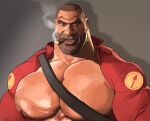  1boy bad_deviantart_id bad_id bara beard_stubble cigar commentary english_commentary facial_hair grey_background huge_pectorals jacket male_focus muscular muscular_male nose open_clothes open_jacket red_jacket red_soldier_(tf2) smoke smoking sniperstalker soldier_(tf2) solo stubble team_fortress_2 teeth thick_neck 