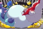 air_inflation animate_inanimate aquatic_dragon balloon belly big_belly blue_(blue) blush blush_lines creaking dragon exclamation_point generation_7_pokemon groaning hand_on_belly hi_res holding_balloon holding_object huge_belly hyper hyper_belly hyper_inflation inflatable inflation latex_body living_balloon living_inflatable luga_(lugalycanroc) lycanroc marine mario_bros midnight_lycanroc mythological_creature mythological_scalie mythology nintendo onomatopoeia pokemon pokemon_(species) power_balloon scalie seafoam sound_effects synful text