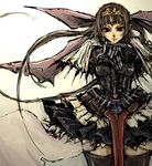  armor brown_eyes brown_hair copyright_request moto_murabito ribbon skirt solo sword tiara traditional_media weapon 