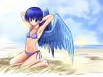  armpits barefoot beach bikini blue_eyes blue_hair day kneeling long_hair original outdoors seitenshi solo swimsuit sws wings 