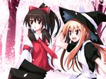  blonde_hair bow brown_hair cherry_blossoms detached_sleeves hair_bow hakurei_reimu hat kirisame_marisa long_hair multiple_girls ponytail sarashi sazanami_mio touhou witch_hat 