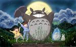  bloomers cloud highres kusakabe_mei kusakabe_satsuki moon multiple_girls night pajamas plant sky star_(sky) starry_sky tonari_no_totoro totoro tree underwear wallpaper wind wind_lift 