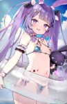  1girl :d animal_ears ayaoshiro bare_shoulders bikini blue_bikini blue_sky blush bow breasts choker cloud club_(shape) collarbone cowboy_shot criss-cross_halter day diamond_(shape) frilled_bikini frills groin hair_ornament hair_ribbon hairclip halterneck highres himeri_alice holding indie_virtual_youtuber innertube jewelry key key_necklace long_hair looking_at_viewer navel necklace open_mouth outdoors purple_eyes purple_hair rabbit rabbit_ears rabbit_girl rabbit_tail ribbon see-through sidelocks sky small_breasts smile spade_(shape) standing stomach swim_ring swimsuit tail twintails very_long_hair virtual_youtuber wet 