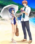  1girl absurdres bag beach book cooler day highres hood hoodie jacket jacket_over_swimsuit little_busters! mutsuki_(moonknives) natsume_kyousuke necktie nishizono_mio one-piece_swimsuit parasol sandals school_swimsuit school_uniform swimsuit umbrella 