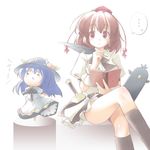  :&lt; blue_hair book chibi crossed_legs food fruit hat hinanawi_tenshi holding holding_book kibushi leaf multiple_girls open_book peach quill shameimaru_aya sitting tokin_hat touhou 