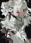  1girl absurdres albino black_background commentary ear_piercing flower frilled_sleeves frills gloves hair_between_eyes hair_flower hair_ornament highres long_hair looking_at_viewer open_mouth original piercing red_eyes solo sparkle thick_eyelashes toasu twintails upper_body white_flower white_gloves white_hair 