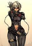  belt bodysuit chain cigarette copyright_request gloves moto_murabito mouth_hold navel red_eyes solo traditional_media white_hair 