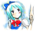  babel99 blue_eyes blue_hair blush cirno highres holding_hands out_of_frame ribbon smile solo_focus touhou 