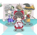  ao_usagi black_hair blonde_hair blood blue_eyes braid broom chibi cosplay crossed_arms detached_sleeves dying_message frog gohei green_hair hakurei_reimu hand_on_hip hat izayoi_sakuya japanese_clothes kirisame_marisa kochiya_sanae kochiya_sanae_(cosplay) multiple_girls short_hair silver_hair touhou twin_braids witch_hat yellow_eyes 