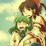  bad_id bad_pixiv_id blush brown_hair detached_sleeves frog_hair_ornament green_hair hair_ornament hakurei_reimu hug hug_from_behind kochiya_sanae multiple_girls rex_k ribbon sarashi snake_hair_ornament touhou 