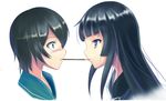  bad_id bad_pixiv_id bangs black_hair blunt_bangs blush crazyodin food ga-rei ga-rei_zero green_eyes isayama_yomi long_hair multiple_girls pocky pocky_kiss purple_eyes shared_food short_hair surprised tsuchimiya_kagura 