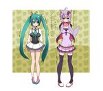  ahoge animal_ears cat_ears cat_tail full_body green_eyes green_hair hatsune_miku kakan_(amka) long_hair multiple_girls necktie pigeon-toed purple_eyes purple_hair skirt tail thighhighs transparent_background twintails very_long_hair vocaloid voiceroid yuzuki_yukari 