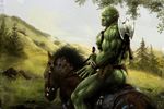  biceps butt delta2094 equine feral field green_skin hairy horse male mammal muscles nipples nude orc pecs pose reins sitting solo tree weapon 