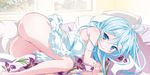  absurdres ass bed bed_sheet blue_eyes blue_hair blush denpa_onna_to_seishun_otoko detexted from_behind futon highres indoors looking_at_viewer looking_back lying nishida_asako on_bed on_side panties scan smile solo third-party_edit touwa_erio tsurime underwear white_panties 