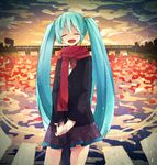  aqua_hair bad_id bad_pixiv_id closed_eyes cloud hakui hatsune_miku long_hair open_mouth red_scarf reflection scarf skirt sky solo twintails very_long_hair vocaloid water 