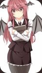  :/ arm_garter bad_id bad_pixiv_id bat_wings black_legwear book book_hug crossed_arms dress_shirt frills head_tilt head_wings hisaki1118 holding holding_book koakuma long_hair long_sleeves looking_at_viewer necktie necronomicon pantyhose red_eyes red_hair shirt simple_background skirt skirt_set solo touhou vest white_background white_shirt wings 