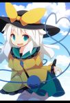  aqua_eyes bad_id bad_pixiv_id beni_shake blue_sky bow cloud day hat hat_bow heart heart_of_string komeiji_koishi letterboxed long_sleeves looking_at_viewer open_mouth shirt silver_hair skirt sky smile solo third_eye touhou wide_sleeves 