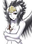  1girl banana bare_shoulders between_breasts black_hair black_wings blush body_blush breast_hold breasts bust chocolate chocolate_on_breasts collarbone covering covering_breasts duel_monster emblem fabled fabled_grimro female fingernails food fruit green_eyes hands jewelry large_breasts long_fingernails long_hair long_image looking_at_viewer monster_girl multicolored_eyes nail_polish navel nude pataniito pataryouto pointy_ears red_nails red_sclera shiny shiny_hair shiny_skin simple_background solo tiara tongue upper_body white_background white_skin wings wink yu-gi-oh! yuu-gi-ou_duel_monsters 