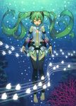  barefoot bridal_gauntlets bubble closed_eyes fish floating_hair green_hair hatsune_miku hatsune_miku_(append) long_hair navel necktie open_mouth solo staff_(music) thighhighs toeless_legwear twintails underwater very_long_hair vocaloid vocaloid_append yuksi 