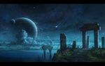  cloud grass landscape letterboxed meteor no_humans ocean original pillar planet ruins scenery seafh sky stairs star_(sky) starry_sky stars water 