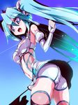  aqua_eyes ass blue_eyes elbow_gloves fingerless_gloves gloves goodsmile_company goodsmile_racing hatsune_miku long_hair miuku_(marine_sapphire) navel open_mouth race_queen racing_miku racing_miku_(2012) solo twintails very_long_hair vocaloid 