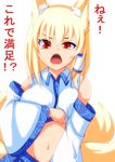  animal_ears bare_shoulders blonde_hair cosplay detached_sleeves fox_ears fox_tail kochiya_sanae kochiya_sanae_(cosplay) looking_at_viewer merry_(diameri) midriff navel no_hat no_headwear red_eyes shirt_lift solo tail touhou translated yakumo_ran 