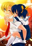  1girl absurdres blonde_hair blue_eyes blue_hair brother_and_sister carrying clannad closed_eyes grin highres juujiro_eru necktie piggyback school_uniform short_hair siblings smile sunohara_mei sunohara_youhei twintails 