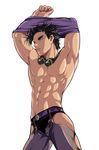  abs aiuola bad_id bad_pixiv_id banned_artist black_hair blue_eyes chaps goggles goggles_around_neck jojo_no_kimyou_na_bouken joseph_joestar_(young) male_focus muscle side_slit solo undressing 
