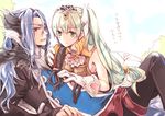  1girl :t animal_ears bad_id bad_pixiv_id blue_hair couple diras frey_(rune_factory) gloves green_eyes green_hair grey_eyes headdress hetero horse_boy horse_ears long_hair low-tied_long_hair pants rune_factory rune_factory_4 shirt simple_background spc thick_eyebrows translation_request white_background 