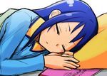  1girl bed blue_hair book choutako dokidoki!_precure hishikawa_rikka long_hair pajamas pillow precure sleeping solo 
